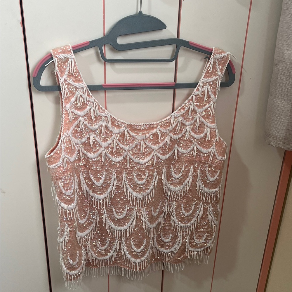 Elegant Beaded Tank Top - Peach and White